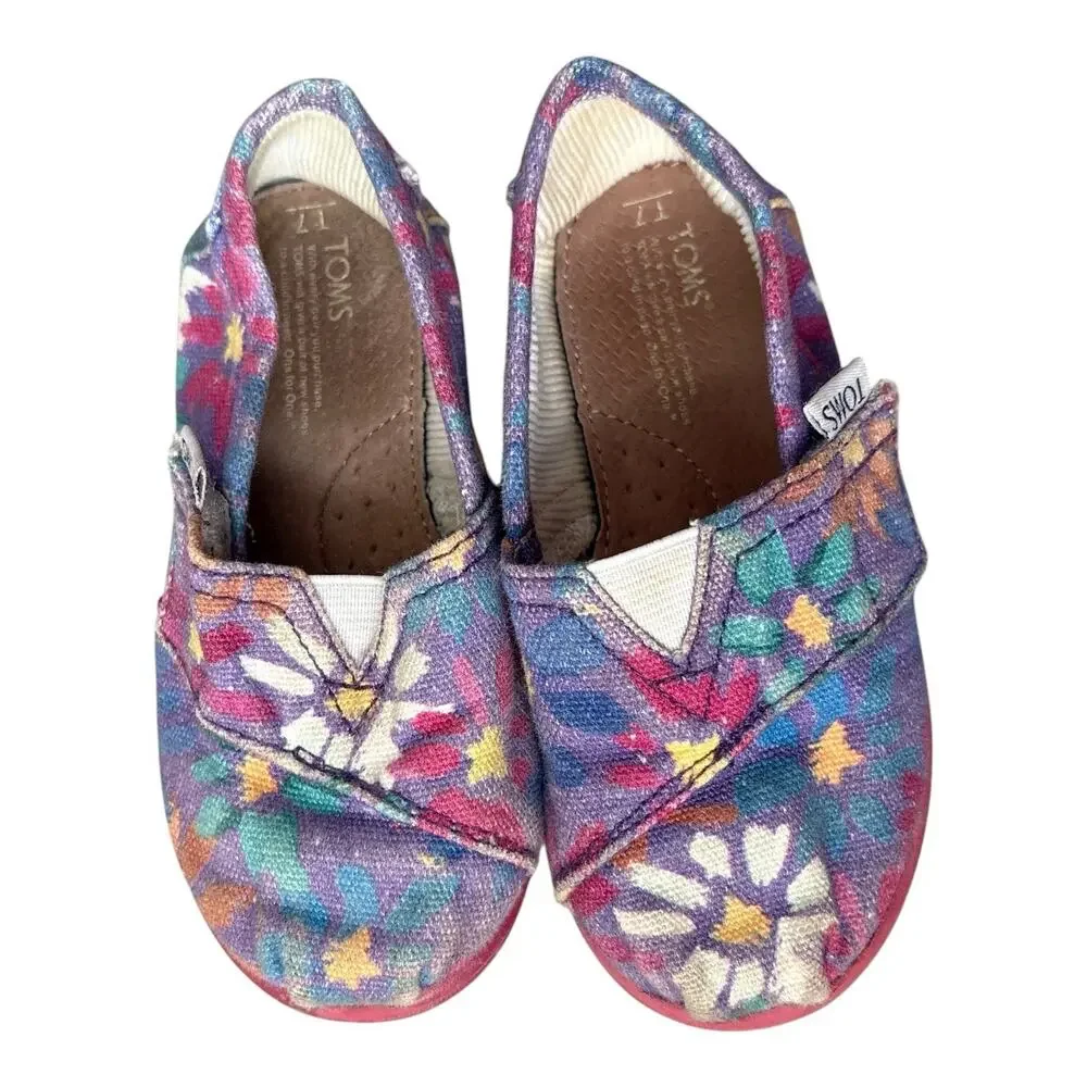 Toms Floral Canvas Slip On Shoes Size 7 T Casual Flats Purple Pink